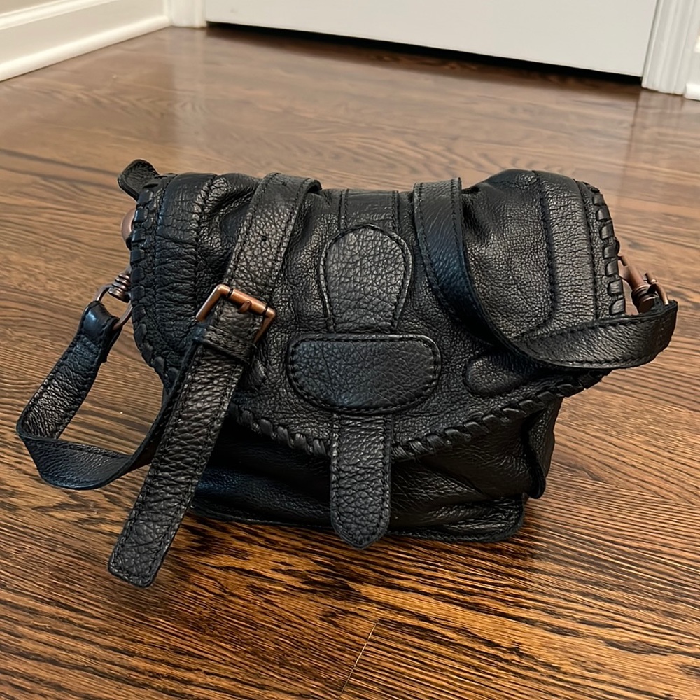 Liebeskind Berlin Black Soft Leather Crossbody Bag. Brass and whipstitch detail